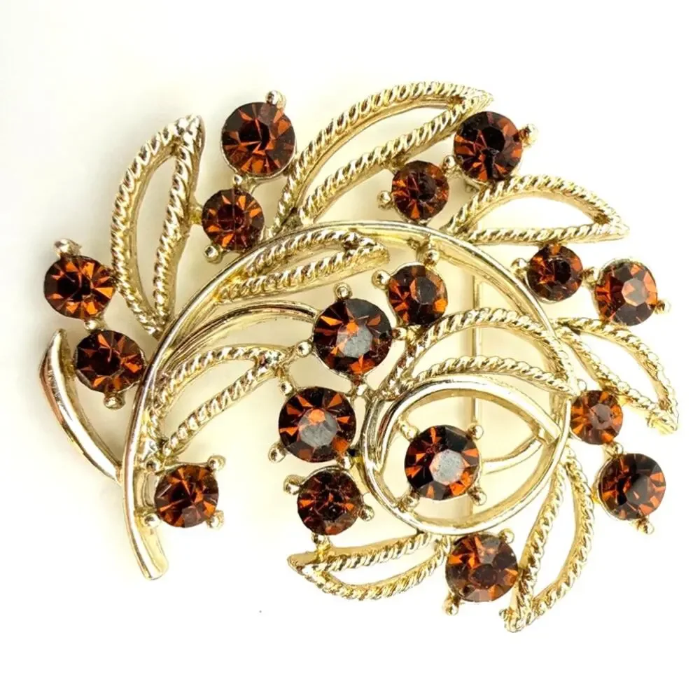 Vtg Signed Lisner MCM Brooch Floral Branch Brown Crystal Rhinestone Gold Tone